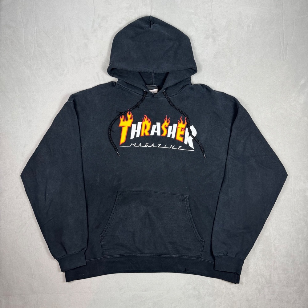 Y2K Mens Thrasher Magazine Flame‎ Logo Skate Streetwear Hoodie Black Large